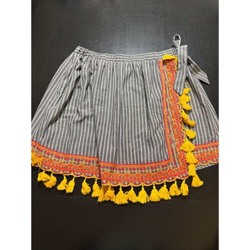 Andree by Unit Striped Mini Skirt 3X  Yellow Tassel Embroidered Boho faux Wrap